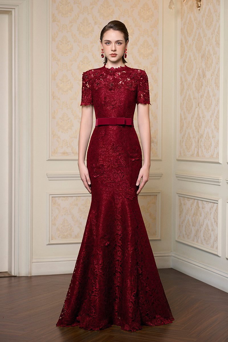 GUIPURE LACE AND TAFFETA SILK LINED DRESS IN RED