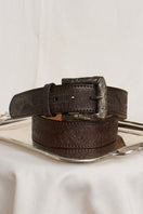 Acaria Studio brown leather belt with antique buckle, stylish accessory featuring smooth leather and vintage-inspired hardware.