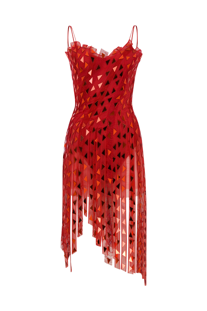 MIRROR EMBELLISHED MINI TULLE AND LACE DRESS - CULT MIA