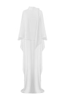 White Caro Crepe Cape jacket by Nazlı Ceren, featuring elegant drape and lightweight fabric, displayed on a neutral background.