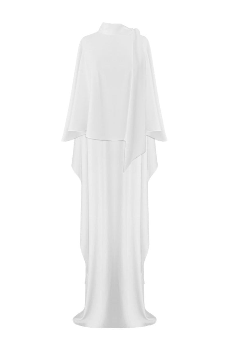 White Caro Crepe Cape jacket by Nazlı Ceren, featuring elegant drape and lightweight fabric, displayed on a neutral background.