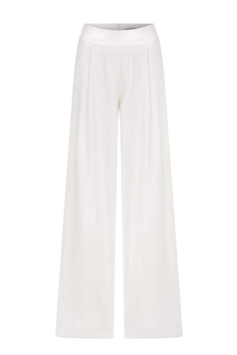 White Tina trousers by Nazlı Ceren with a satin waistband, tailored pants with a sleek, elegant fit and modern style.