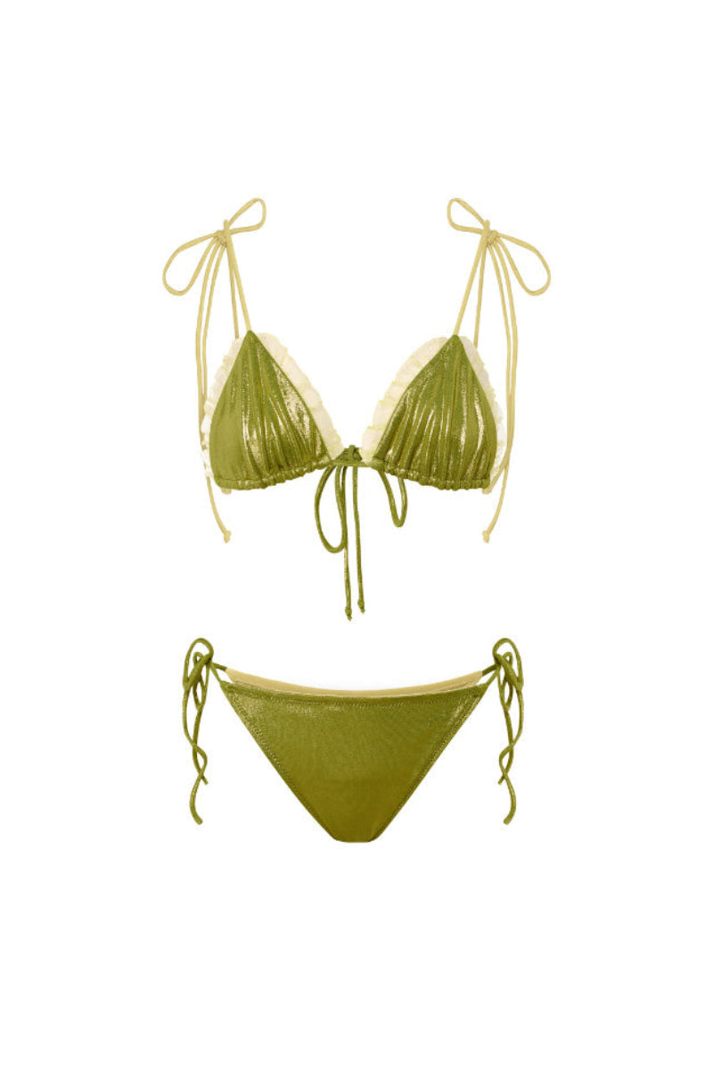 Reversible green and yellow bikini set by Suncillo featuring a stylish two-tone design and adjustable straps.