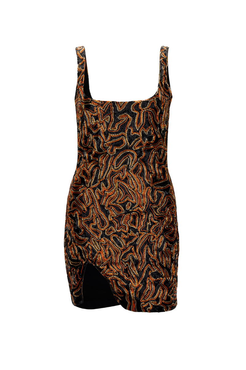 Onalaja KITA mini dress, stylish short dress with vibrant pattern, sleeveless design, and fitted silhouette perfect for warm weather.