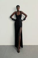Kroon black gown by Khanum's, elegant long dress with flowing fabric and stylish design, perfect for formal occasions.