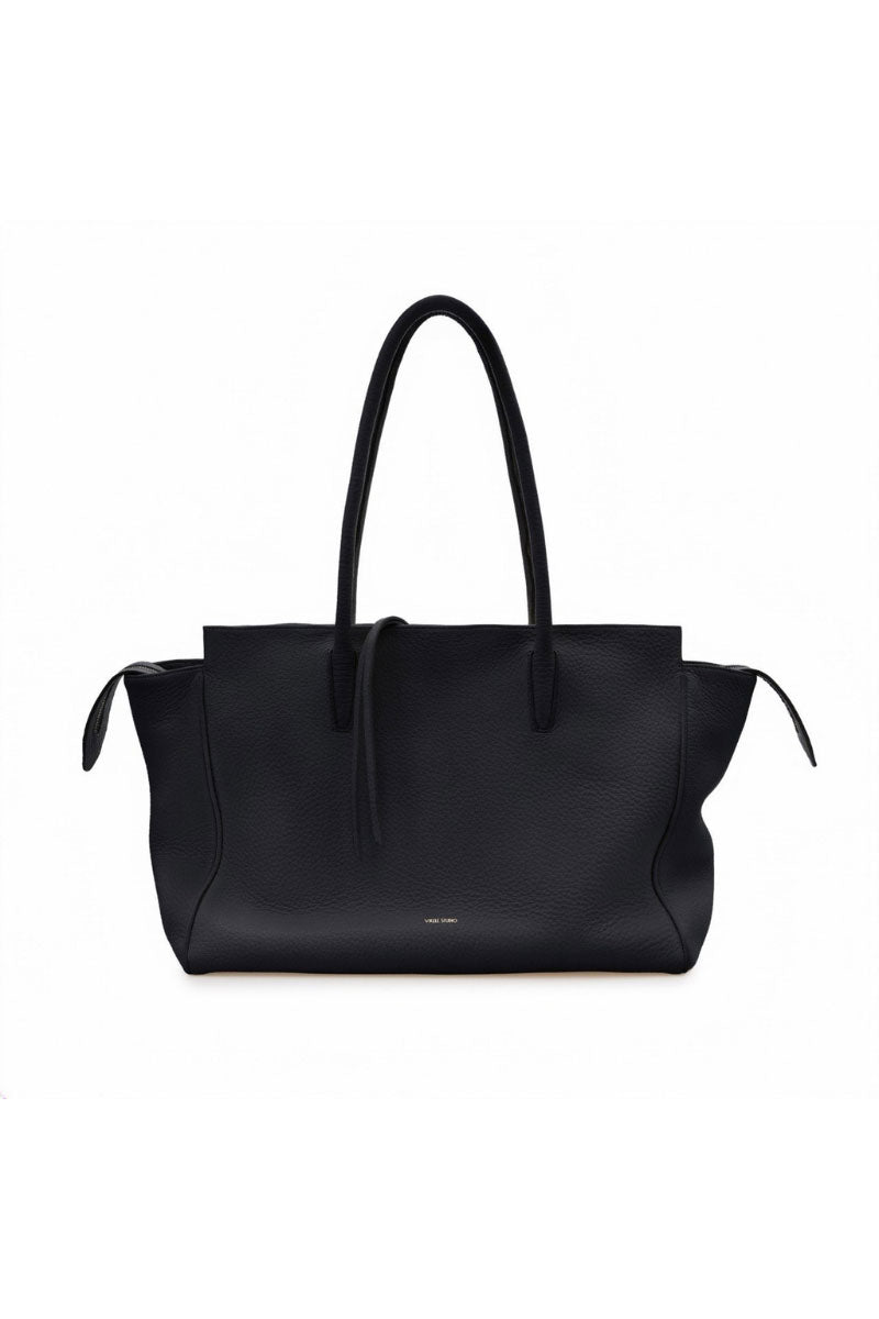 Black VIKELE STUDIO shoulder tote bag with sturdy handles and spacious interior, shown with open top and side view.