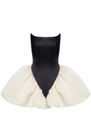 Violet two-sided mini dress by Balykina, showing front and back view of the stylish reversible dress with fitted silhouette.
