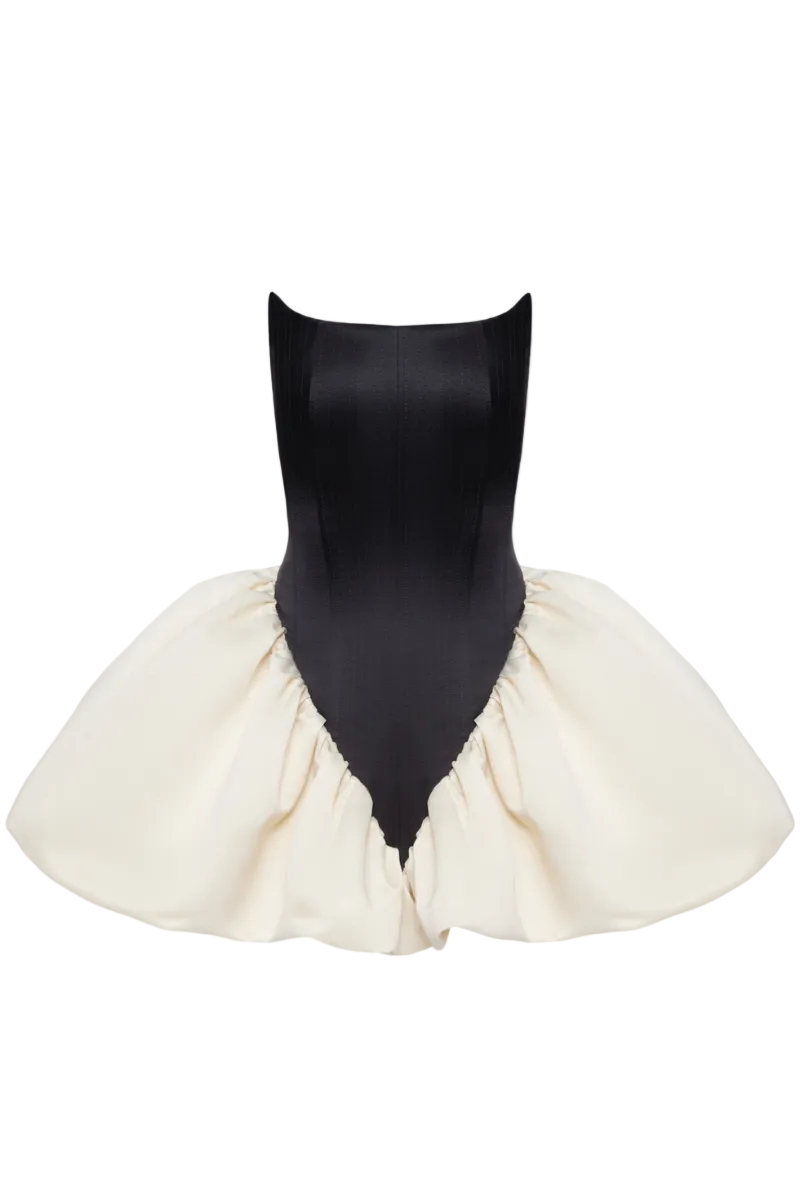 Violet two-sided mini dress by Balykina, showing front and back view of the stylish reversible dress with fitted silhouette.
