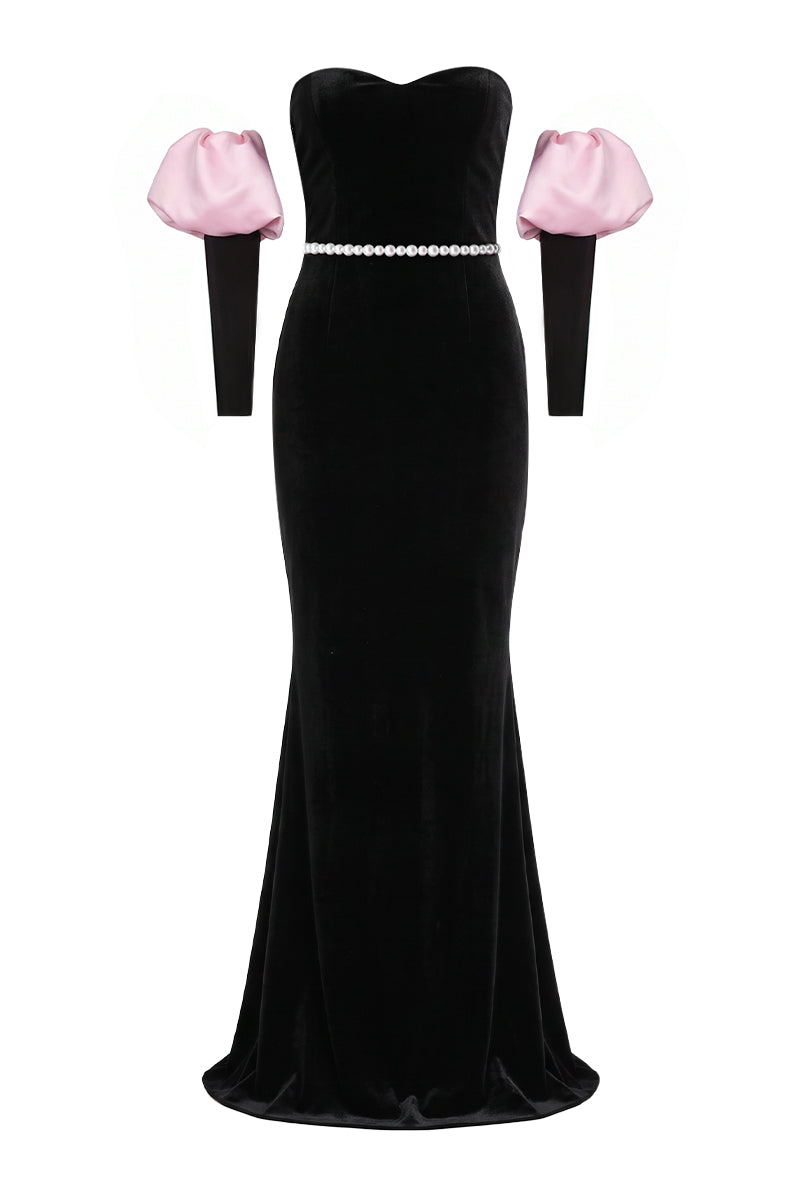 Elegant Nur Karaata Royal Allure gown with intricate detailing and flowing fabric, showcased on a model.