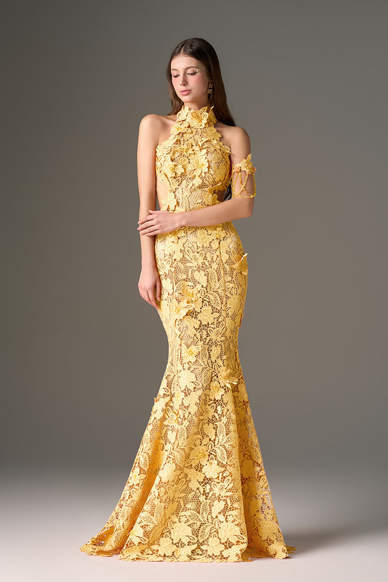 I.H.F Studio Cult Mia X maxi floral garden yellow lace dress with long sleeves and flowing silhouette.