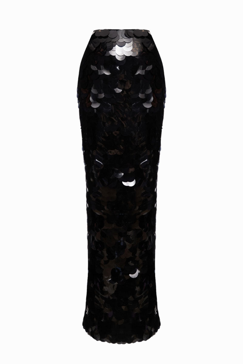 Black sequined maxi skirt by Balykina, flowing length and shimmering sequin details, perfect for elegant and stylish outfits.