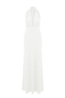 Nazlı Ceren INES long white jersey maxi dress displayed on a model, featuring a flowing design and elegant silhouette.