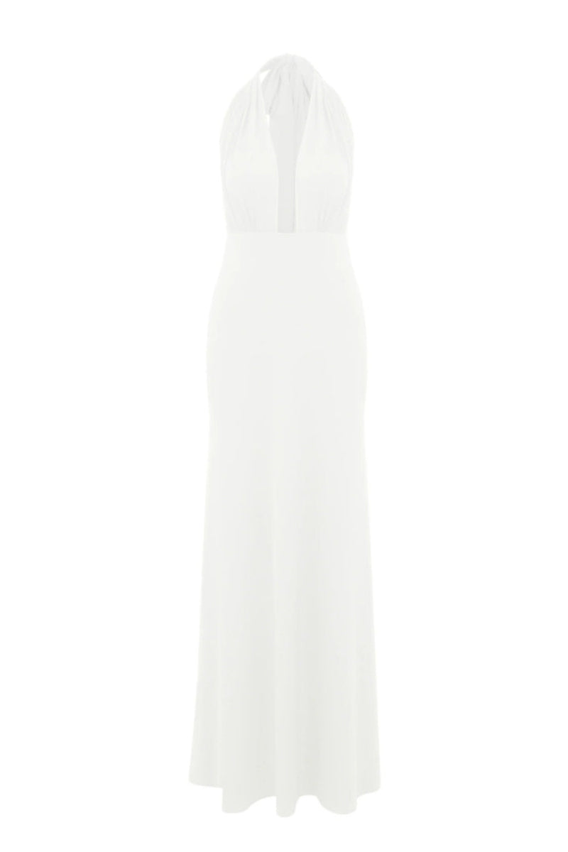 Nazlı Ceren INES long white jersey maxi dress displayed on a model, featuring a flowing design and elegant silhouette.