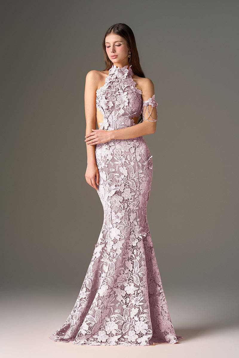 I.H.F Studio CULT MIA X maxi floral purple and yellow lace dress displayed on a hanger, showcasing its vibrant pattern and lace details.