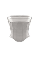 Silver satin Bridget corset top by Nazlı Ceren featuring a fitted design and elegant detailing.