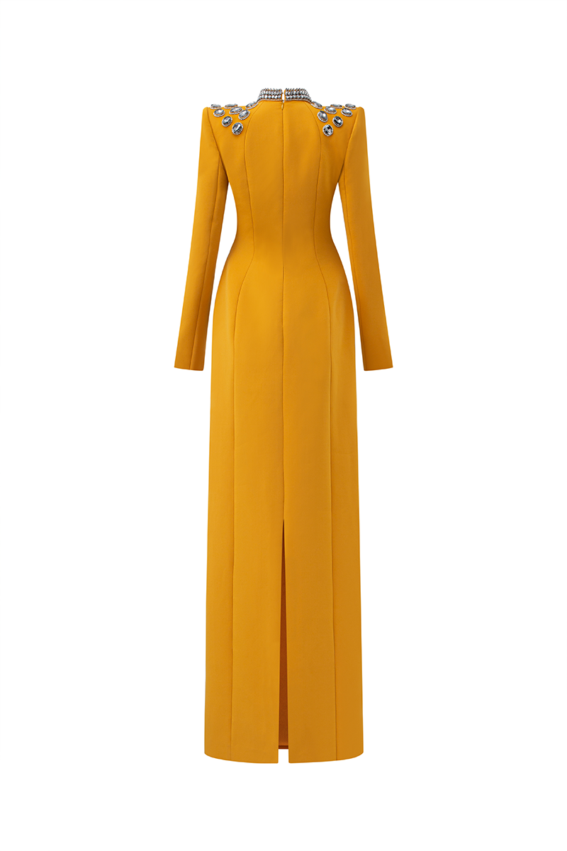 YELLOW CHOKER SHOULDER STONE EMBELLISHED GOWN - CULT MIA