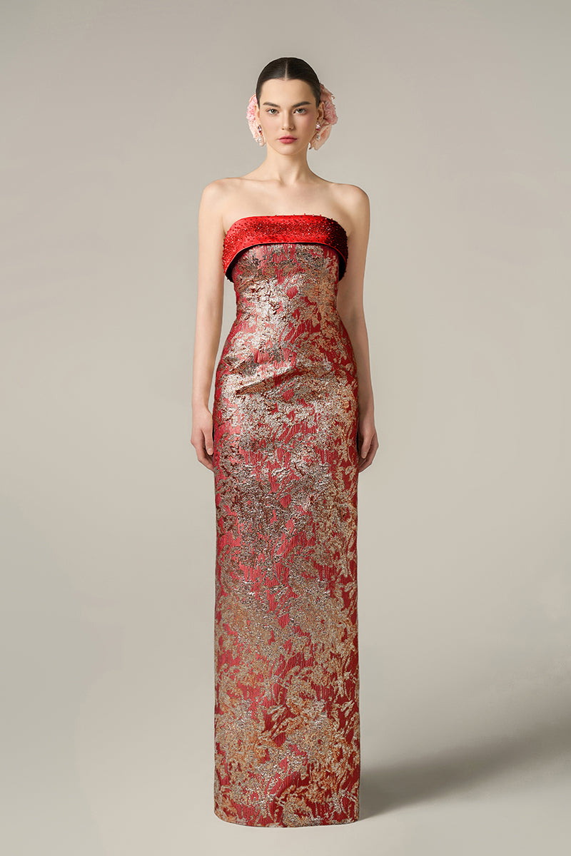 red metallic dress METALLIC JACQUARD AND SILK TAFFETA DRESS IN RED | CULT MIA