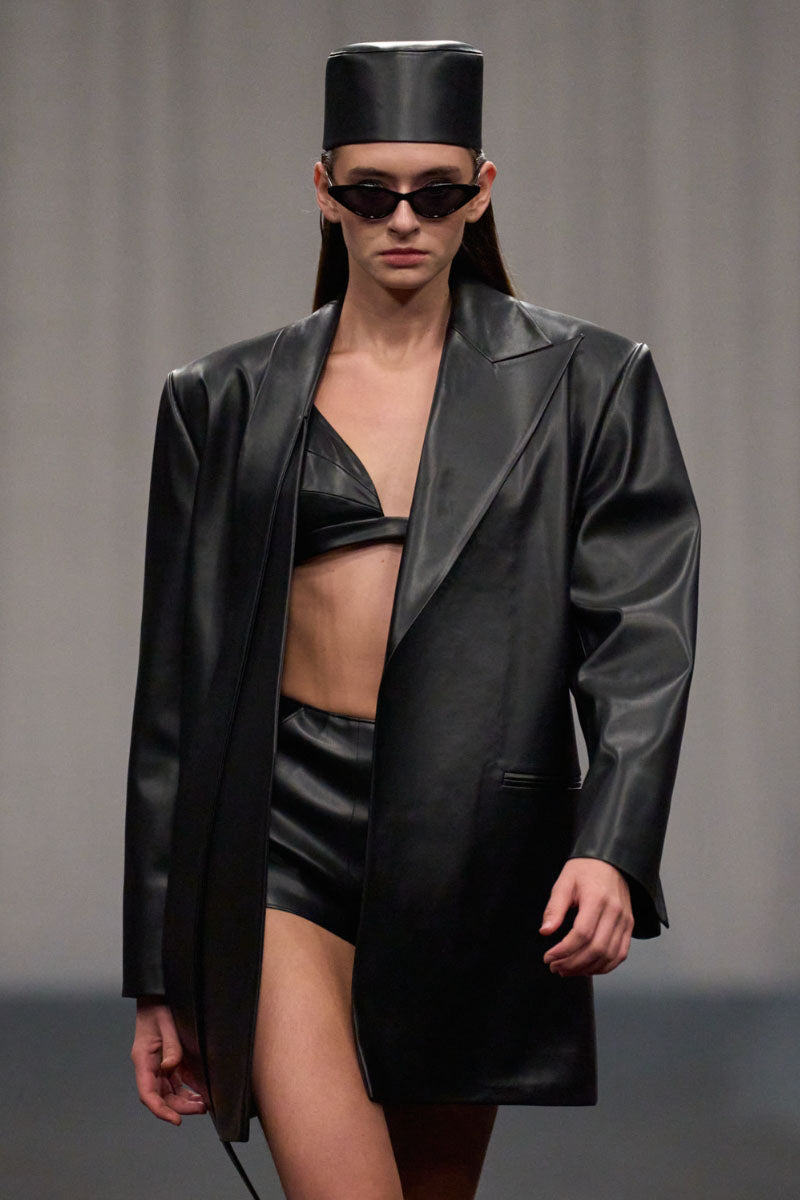 VEGAN LEATHER TAILORED LONGLINE BLAZER