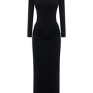 Black Acaria Studio scuba dress with rhinestones, featuring a flowing maxi design and elegant style.
