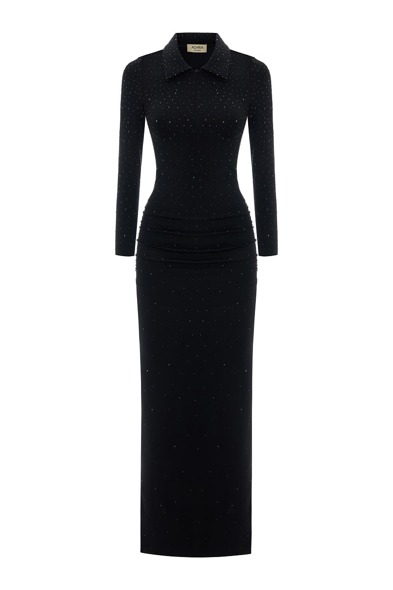 Black Acaria Studio scuba dress with rhinestones, featuring a flowing maxi design and elegant style.