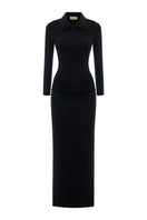 Black Acaria Studio scuba dress with rhinestones, featuring a flowing maxi design and elegant style.
