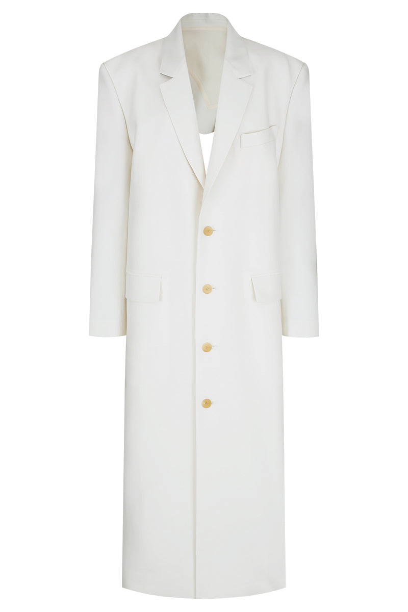 JINSUN Astral Couture wool coat in neutral color, front view showing classic lapel and tailored fit.