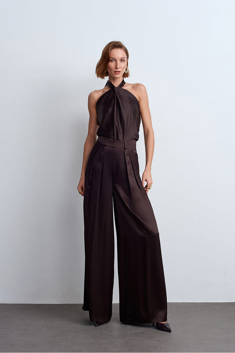 Acaria Studio brown satin top, stylish women's blouse with smooth fabric and elegant design, displayed on a hanger.