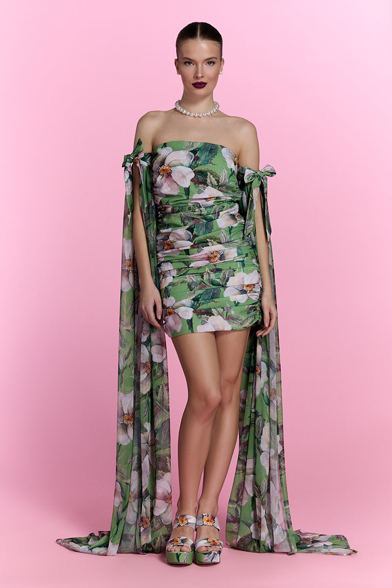 Nur Karaata Poppy Reverie mini dress with floral pattern, sleeveless design, and fitted silhouette on a model.