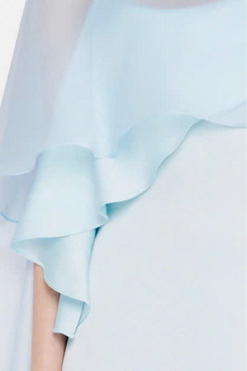 Valenciani Galatea Cape Gown in ice blue maxi dress with flowing fabric and elegant design, perfect for formal occasions.