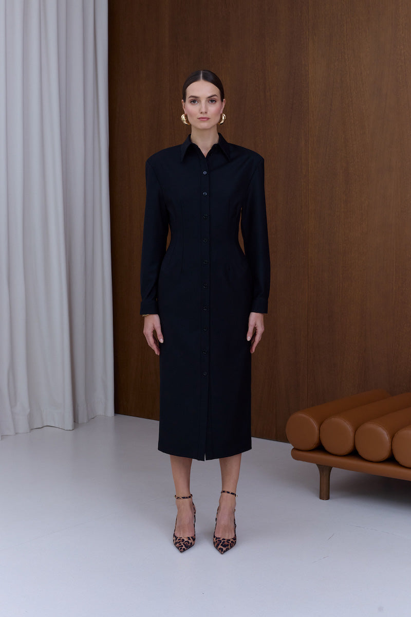 EDITH BLACK WOOL MIDI DRESS IN BLACK