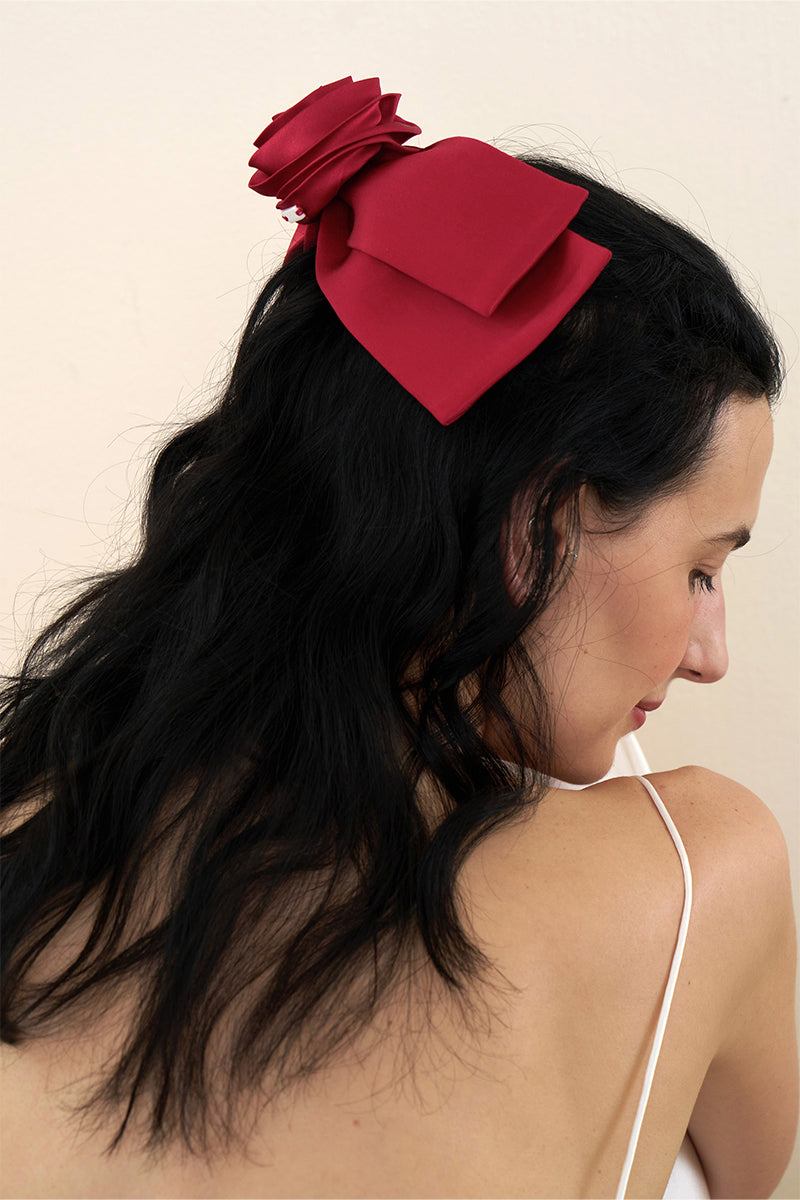 Elegant Tuscan Rose bow silk hair clips by Not Just Pajama, featuring soft silk fabric and decorative rose design for stylish hair accessories.