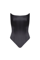 BALYKINA angled two-sided corset top showing black and beige fabric with structured design and adjustable straps.