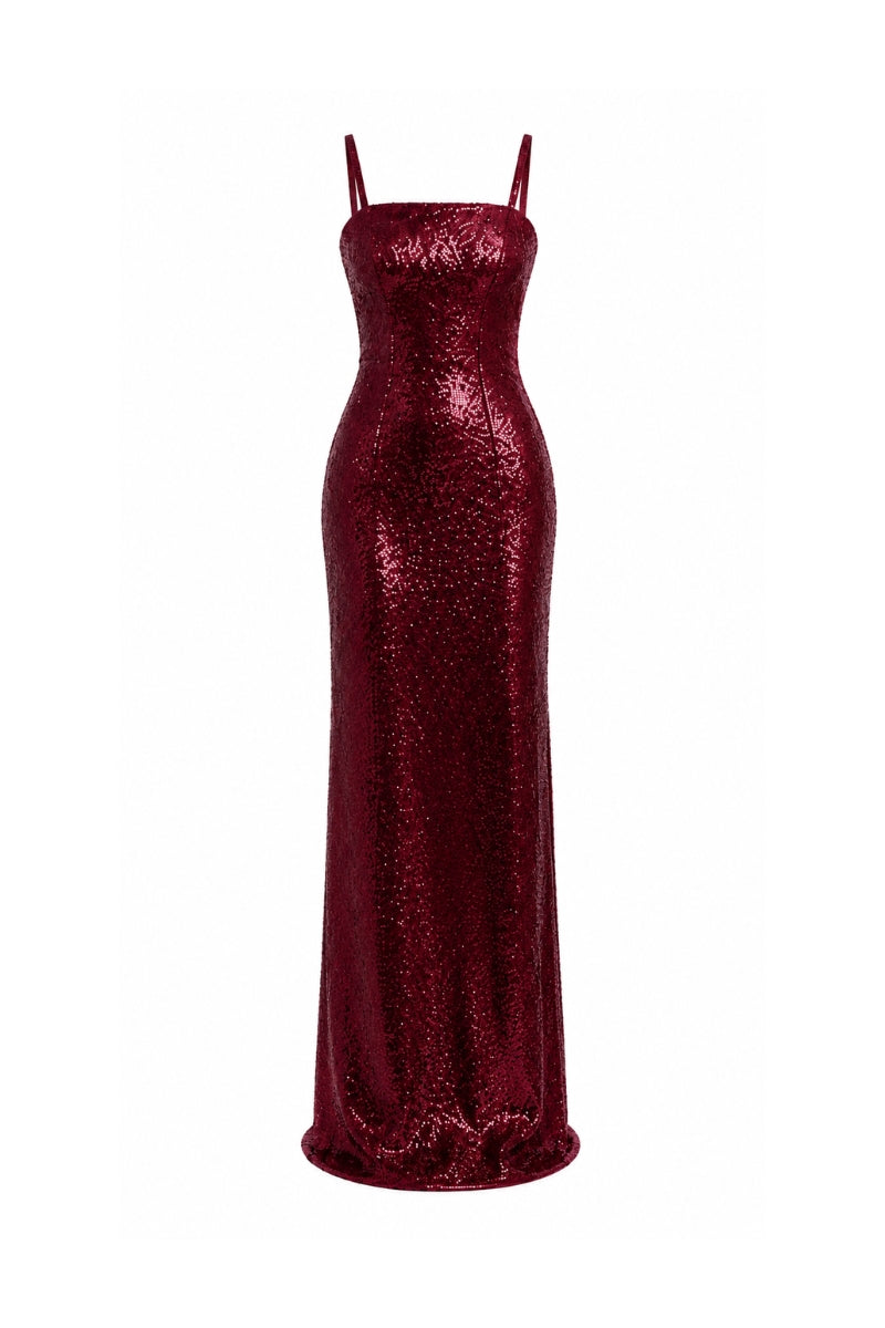 Lili Blanc burgundy cocoa ankle-length evening gown with elegant fit and flowing fabric, perfect for formal occasions.
