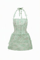 Mint green ELISA lace mini dress by 21Six, featuring delicate lace details and a fitted silhouette.