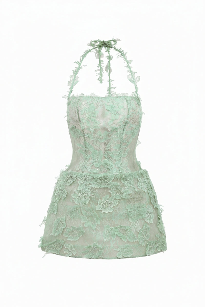 Mint green ELISA lace mini dress by 21Six, featuring delicate lace details and a fitted silhouette.
