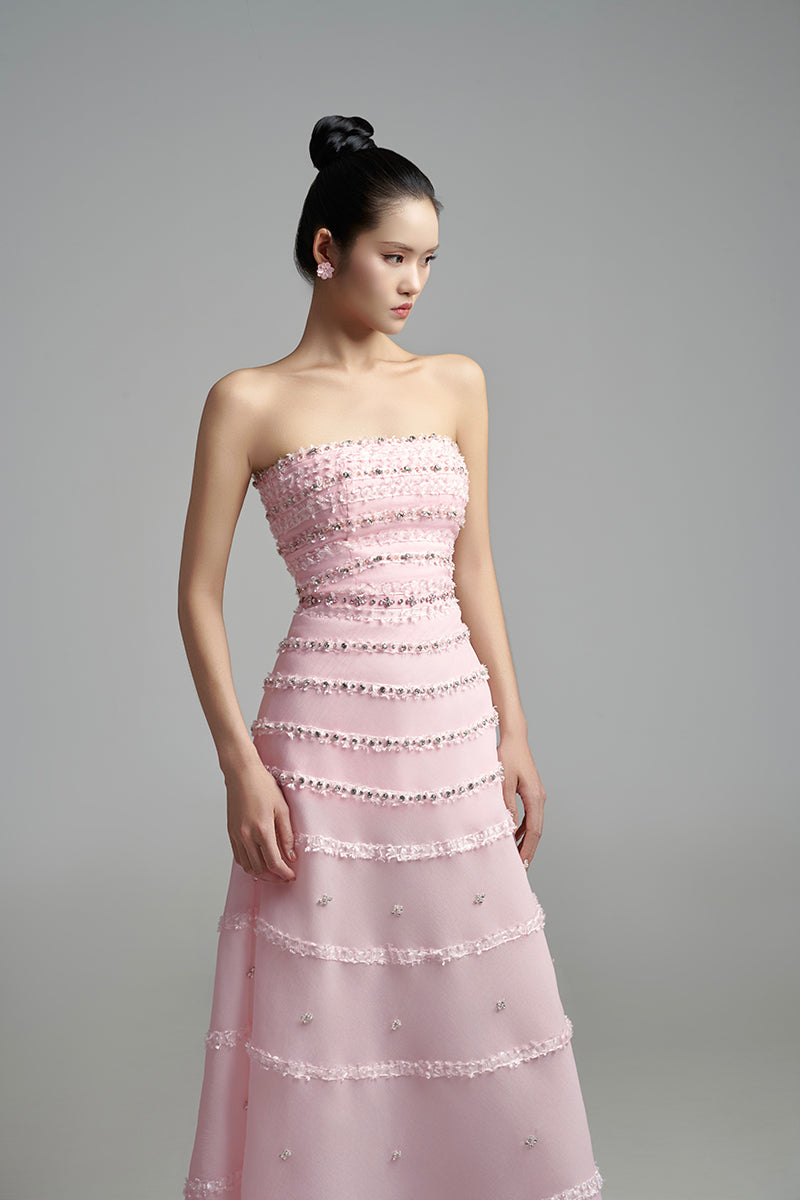 STRAPLESS A-LINE MAXI DRESS WITH CRYSTAL DETAILS - CULT MIA