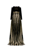 Nur Karaata CULT MIA X NUR KARAATA Addington gown, elegant long gown with intricate design and flowing fabric, worn by model.