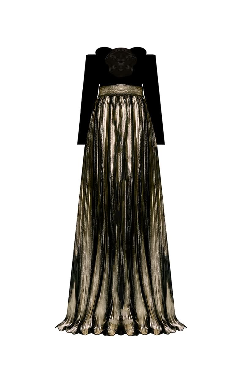 Nur Karaata CULT MIA X NUR KARAATA Addington gown, elegant long gown with intricate design and flowing fabric, worn by model.