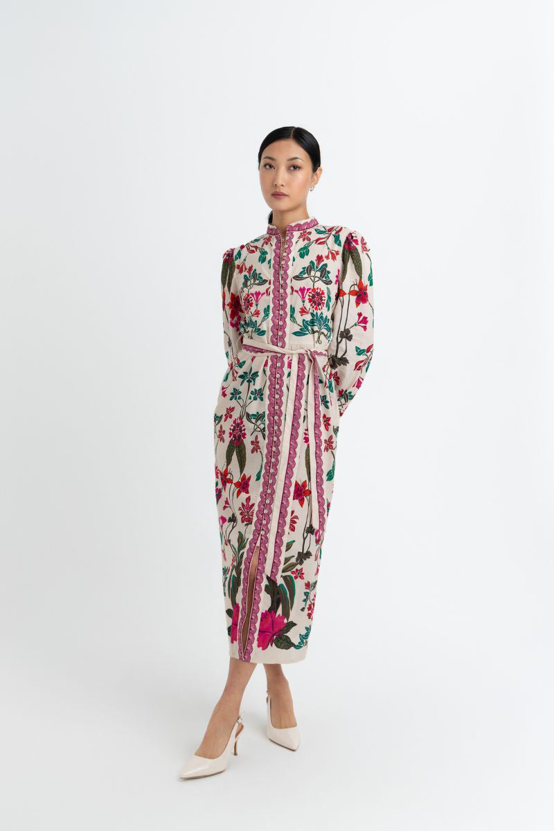 Raishma Valentina white midi dress displayed on a hanger with a fitted silhouette and elegant design.