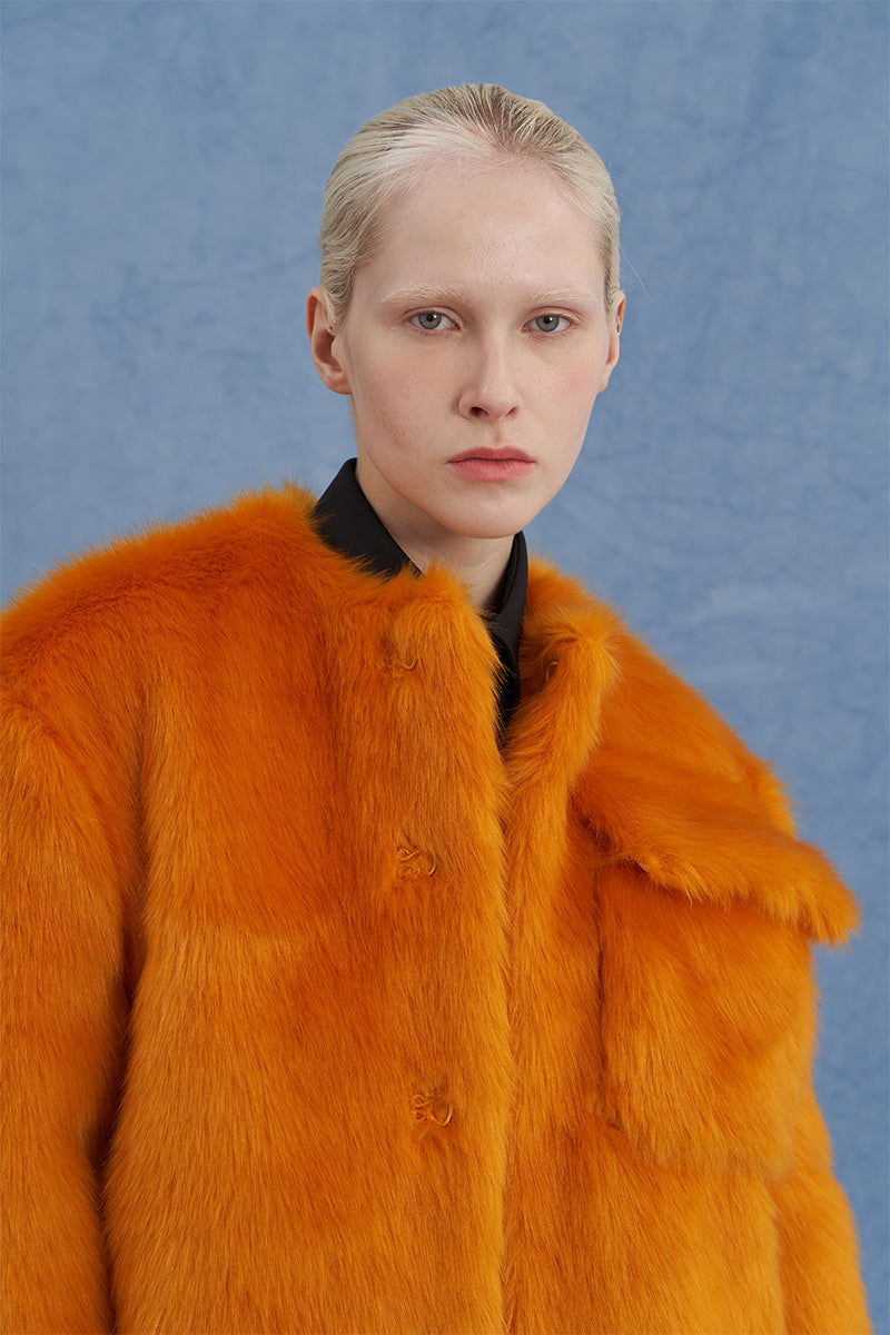 EXAGGERATED SHOULDER SHEARLING JACKET IN ORANGE - CULT MIA