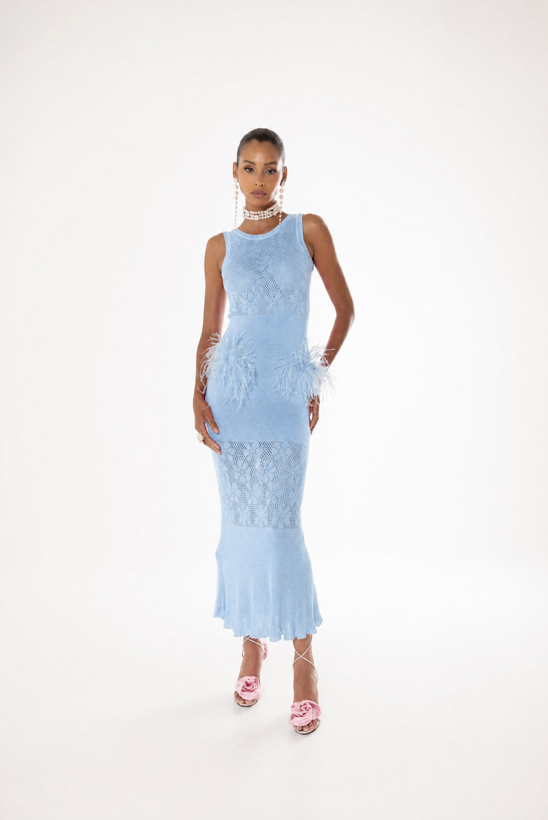 BLUE KNIT MIDI DRESS WITH FEATHERS