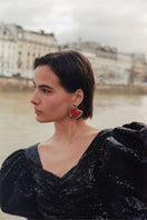 Liya Heartfelt Red Earrings featuring heart-shaped design, vibrant red color, and elegant jewelry style.