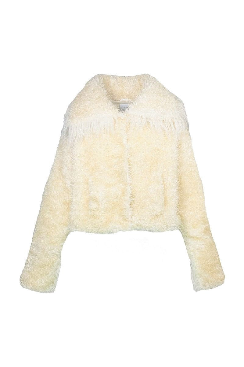 CROPPED FAUX FUR JACKET WITH TURN-UP CUFFS IN ECRU - CULT MIA