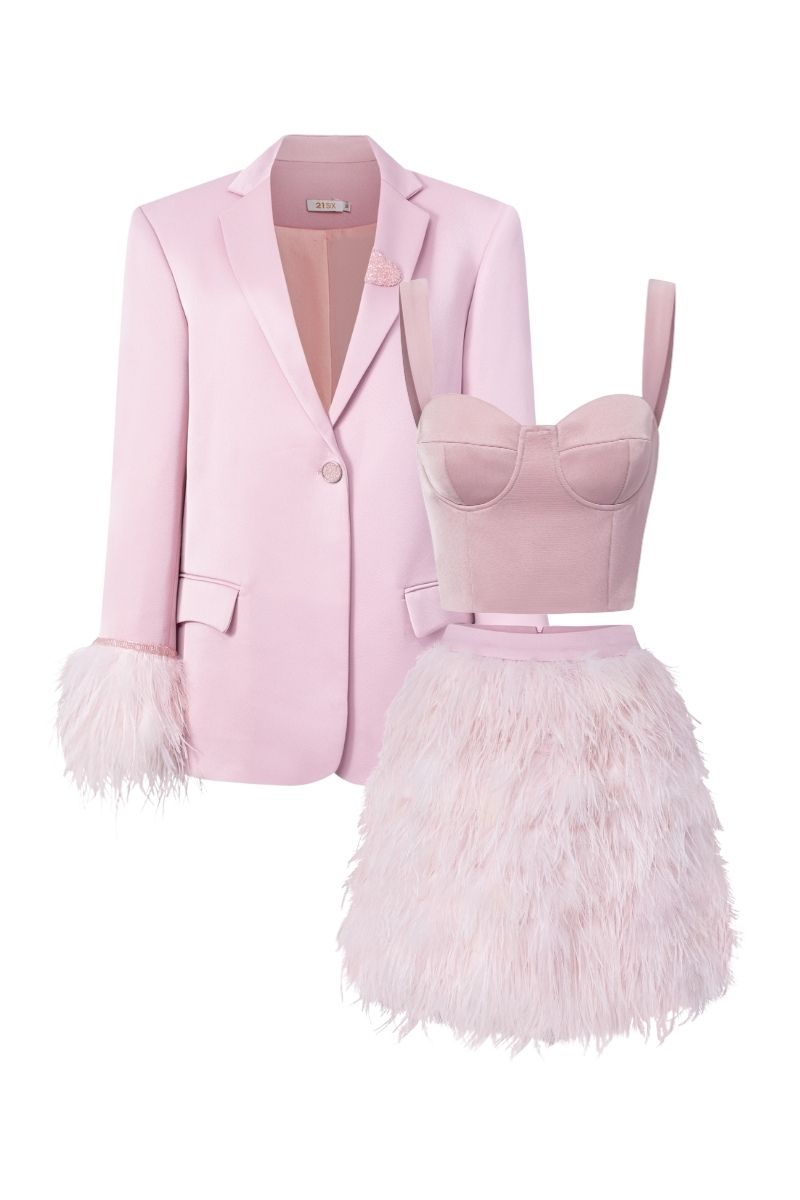 Baby pink Kiera taffeta feather blazer set by 21Six, featuring a stylish feathered blazer and matching co-ords for kids.