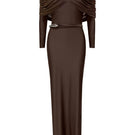 LEDIEL Dakota taupe gown with flowing fabric, V-neckline, and long sleeves, elegant and perfect for formal occasions.