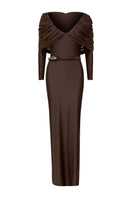 LEDIEL Dakota taupe gown with flowing fabric, V-neckline, and long sleeves, elegant and perfect for formal occasions.