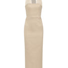 Nazlı Ceren Clarine long maxi dress in Cuban sand color, flowing fabric, and elegant design perfect for summer and special occasions.
