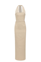 Nazlı Ceren Clarine long maxi dress in Cuban sand color, flowing fabric, and elegant design perfect for summer and special occasions.