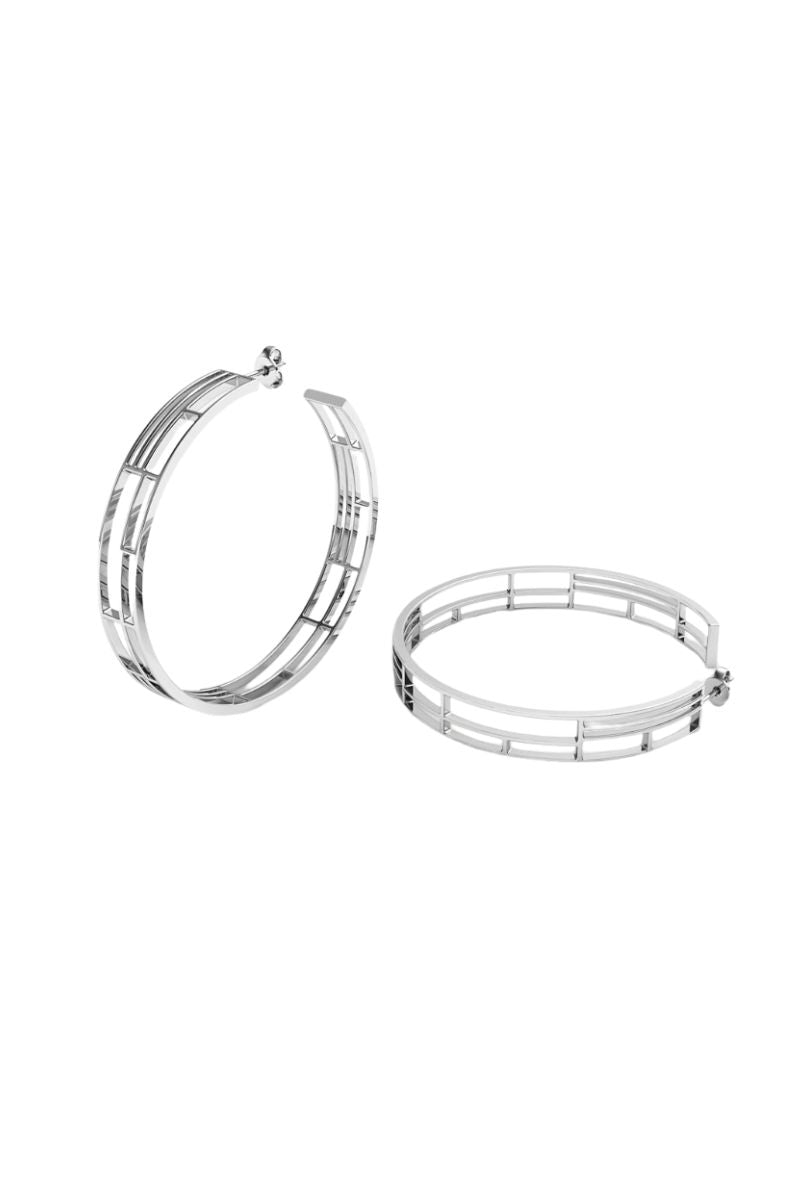 Sara Shala Colosseo Silver Maxi Earrings featuring bold, elongated silver design with intricate detailing and a polished finish.