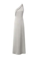 Silver satin maxi dress by Nazlı Ceren featuring a flowing, elegant design with long sleeves and a fitted waist.